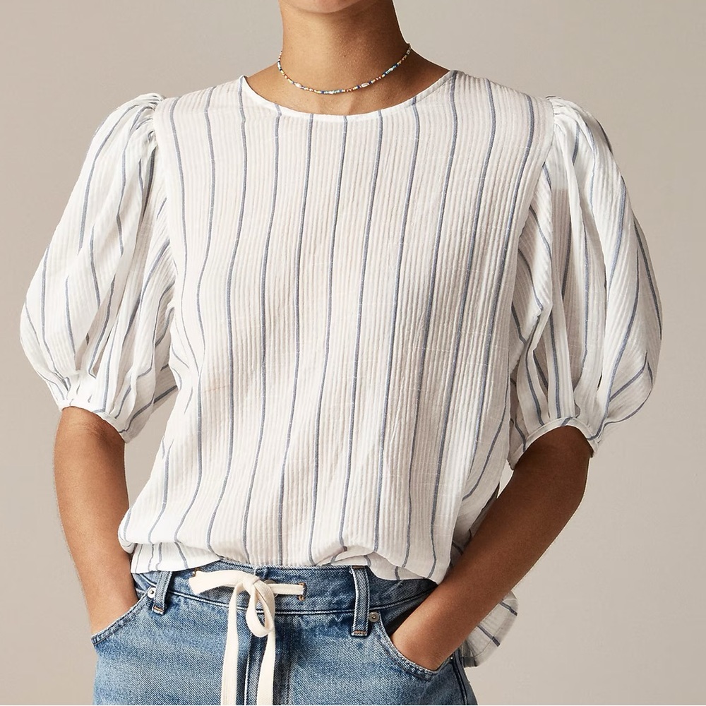 J.CREW Gauze Puff Sleeve Top Large Ivory White Blue Stripe Preppy Nautical Work